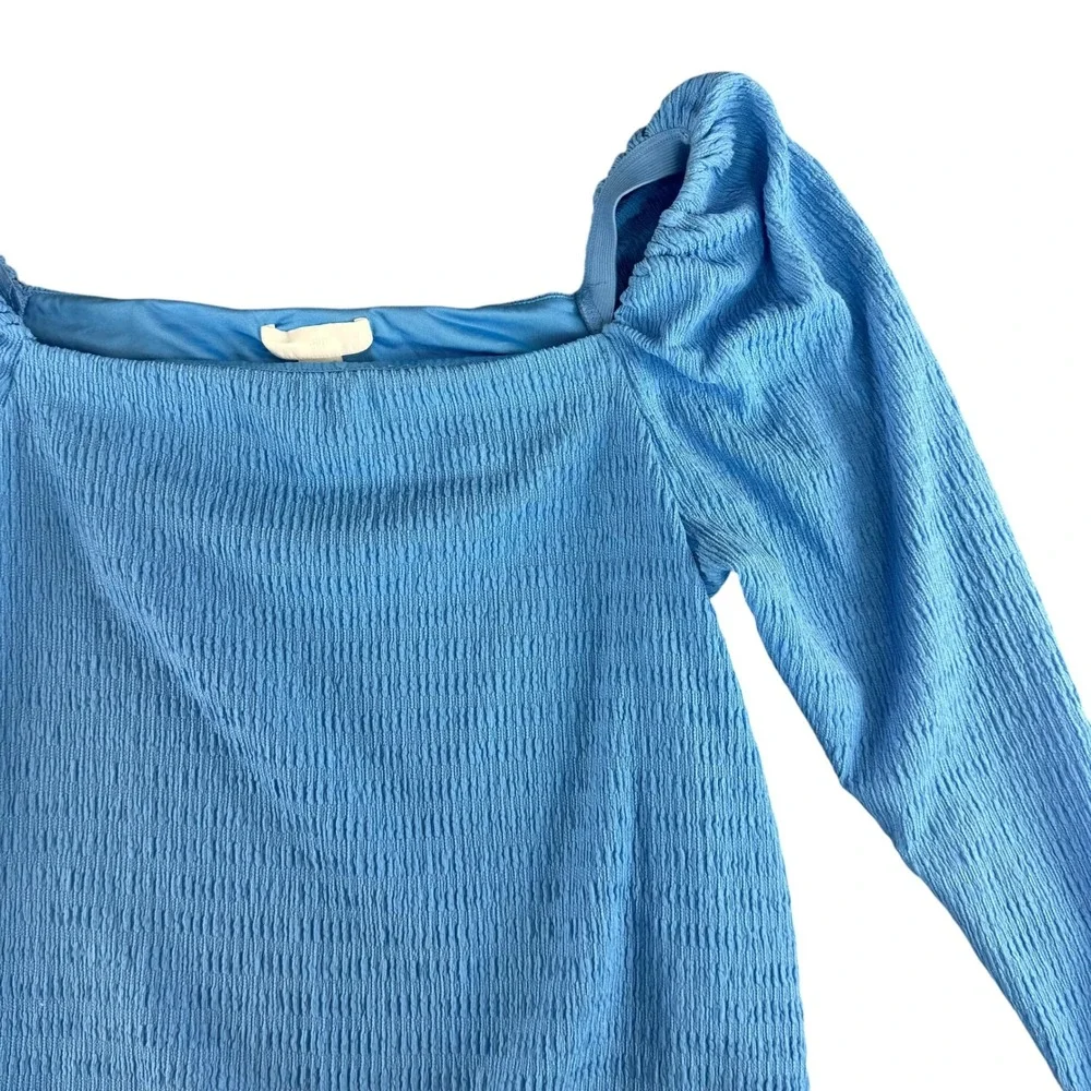 HM Womens Cornflower‎ Blue Textured Square Neck Puff Sleeve Top Large